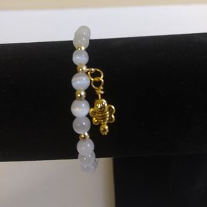 -New Handcrafted Opal Bead Bee Charm Adjustable Bracelet  6"- 8"